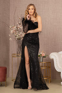 La Merchandise LAS3160 One Sleeve Feather Prom Dress - BLACK - Dress LA Merchandise