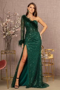 La Merchandise LAS3160 One Sleeve Feather Prom Dress - GREEN - Dress LA Merchandise