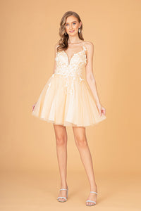 La Merchandise LASGS3090 Floral Short Graduation Party Corset Dress - CHAMPAGNE - LA Merchandise