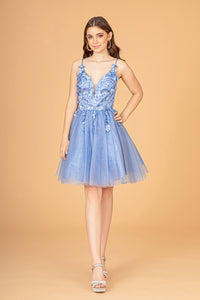 La Merchandise LASGS3090 Floral Short Graduation Party Corset Dress - DUSTY BLUE - LA Merchandise