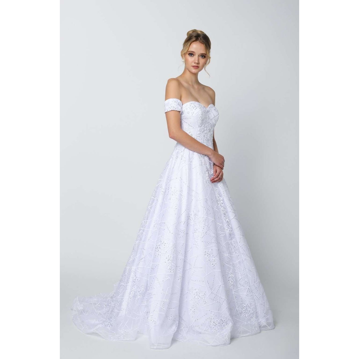 La Merchandise LAT692B White Lace Bridal Ball Gown Removable Sleeve - White - LA Merchandise