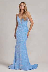 La Merchandise LAXC1109 Long Full Sequined Sexy Prom Formal Gown - LIGHT BLUE - LA Merchandise