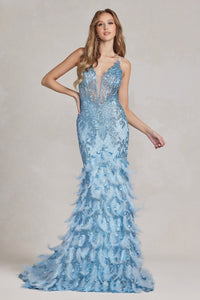 La Merchandise LAXC1111 Mermaid Feathers Red Carpet Gown - LIGHT BLUE - LA Merchandise