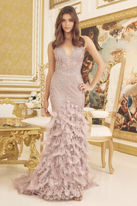 La Merchandise LAXC1111 Mermaid Feathers Red Carpet Gown - MAUVE - LA Merchandise
