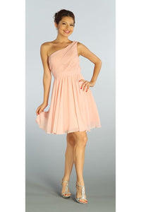 La Merchandise LAY6746 Short One Shoulder Chiffon Bridesmaid Dress - Blush - LA Merchandise