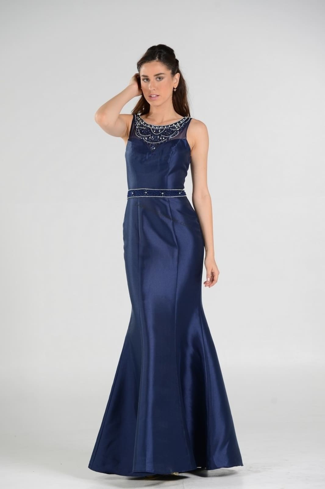 La Merchandise LAY7722 Sleeveless Rhinestone Mikado Mermaid Dress - Navy - LA Merchandise