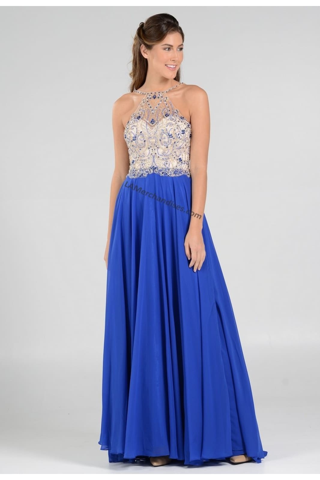La Merchandise LAY7826 Long Detailed Halter Chiffon Formal Prom Dress - Royal - LA Merchandise