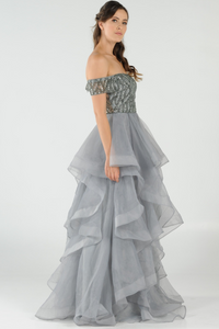 La Merchandise LAY8006 Off Shoulder Rhinestone Long Ruffled Dress - - LA Merchandise