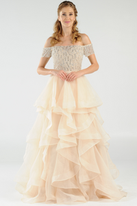 La Merchandise LAY8006 Off Shoulder Rhinestone Long Ruffled Dress - CHAMPAGNE - LA Merchandise