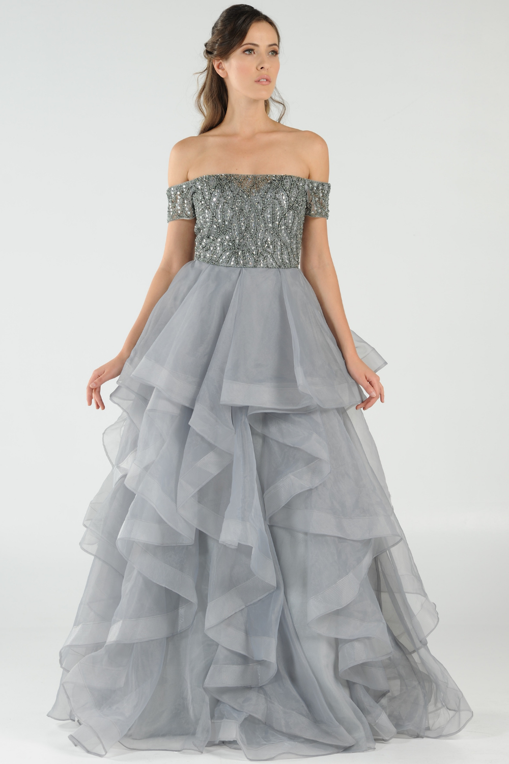 La Merchandise LAY8006 Off Shoulder Rhinestone Long Ruffled Dress - GRAY - LA Merchandise