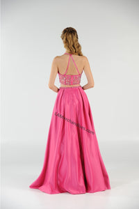 La Merchandise LAY8210 Beaded Top with Long Satin Skirt & Side Pockets - Hot Pink - LA Merchandise