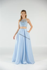La Merchandise LAY8210 Beaded Top with Long Satin Skirt & Side Pockets - Light Blue - LA Merchandise