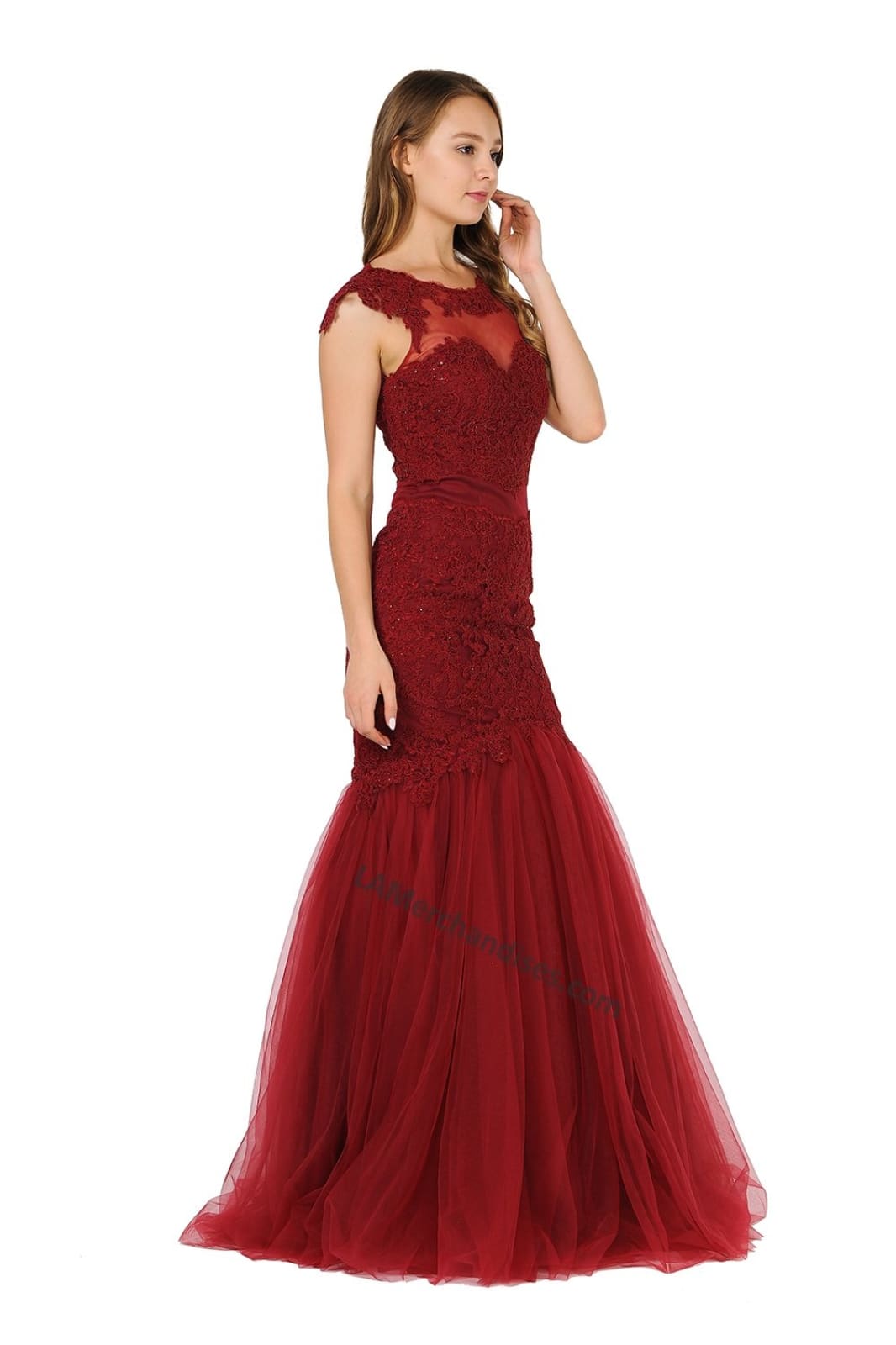La Merchandise LAY8226 Cap Sleeve Lace Applique & Rhinestone Mermaid Dress - BURGUNDY - LA Merchandise