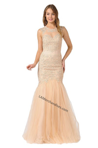 La Merchandise LAY8226 Cap Sleeve Lace Applique & Rhinestone Mermaid Dress - CHAMPAGNE - LA Merchandise