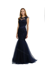 Load image into Gallery viewer, La Merchandise LAY8226 Cap Sleeve Lace Applique &amp; Rhinestone Mermaid Dress - NAVY - LA Merchandise