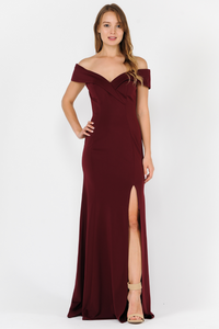 La Merchandise LAY8258 Simple Off Shoulder Bridesmaids Prom Long Dress - BURGUNDY - LA Merchandise