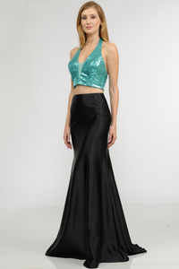 La Merchandise LAY8294 Halter Sequin Top & Satin Skirt Prom Dress Set - JADE - LA Merchandise