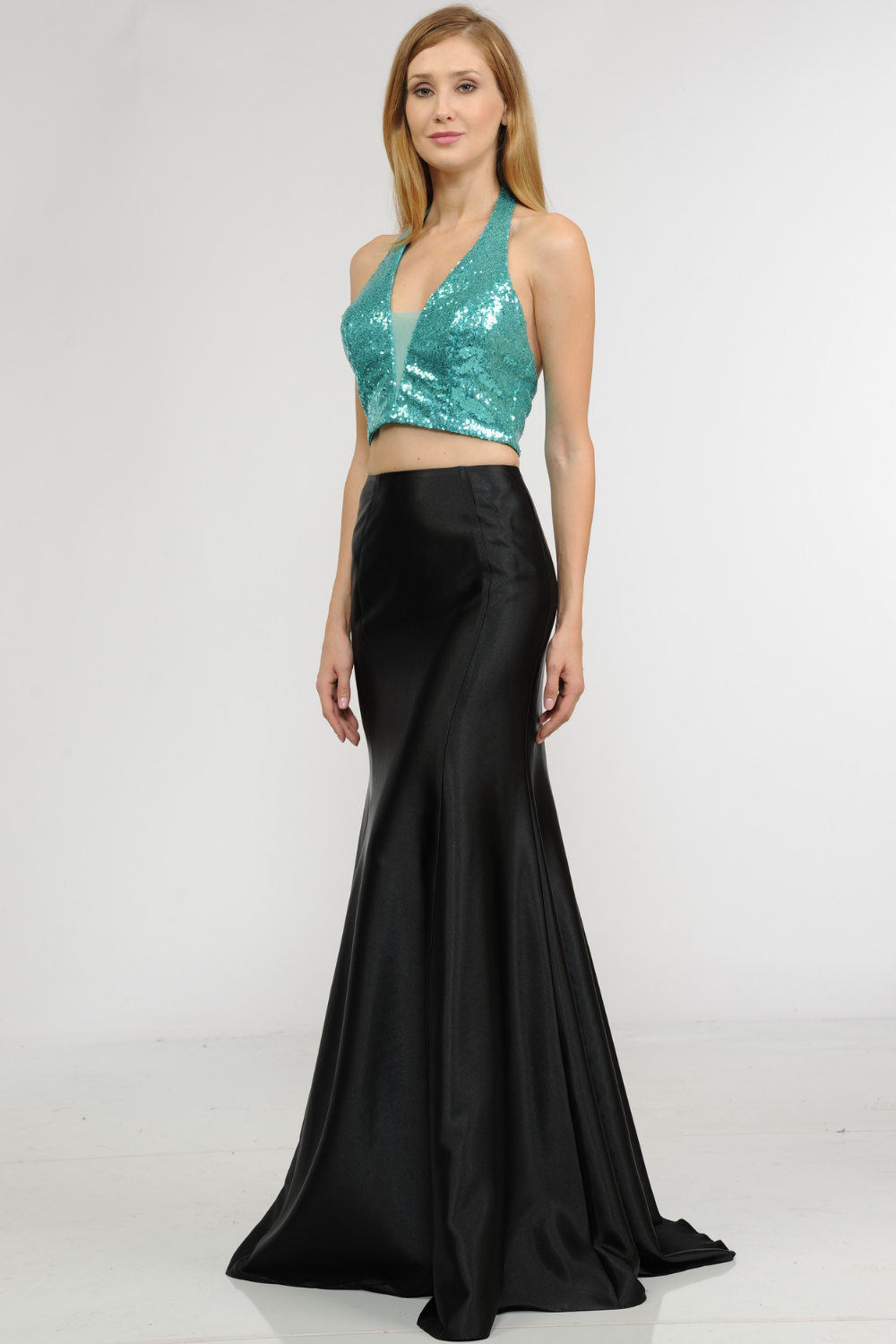 La Merchandise LAY8294 Halter Sequin Top & Satin Skirt Prom Dress Set - JADE - LA Merchandise