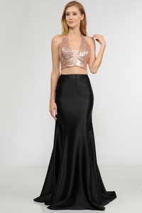 La Merchandise LAY8294 Halter Sequin Top & Satin Skirt Prom Dress Set - ROSE GOLD - LA Merchandise