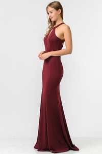 La Merchandise LAY8296 Simple Sexy Halter Top Open Back Prom Dress - BURGUNDY - LA Merchandise