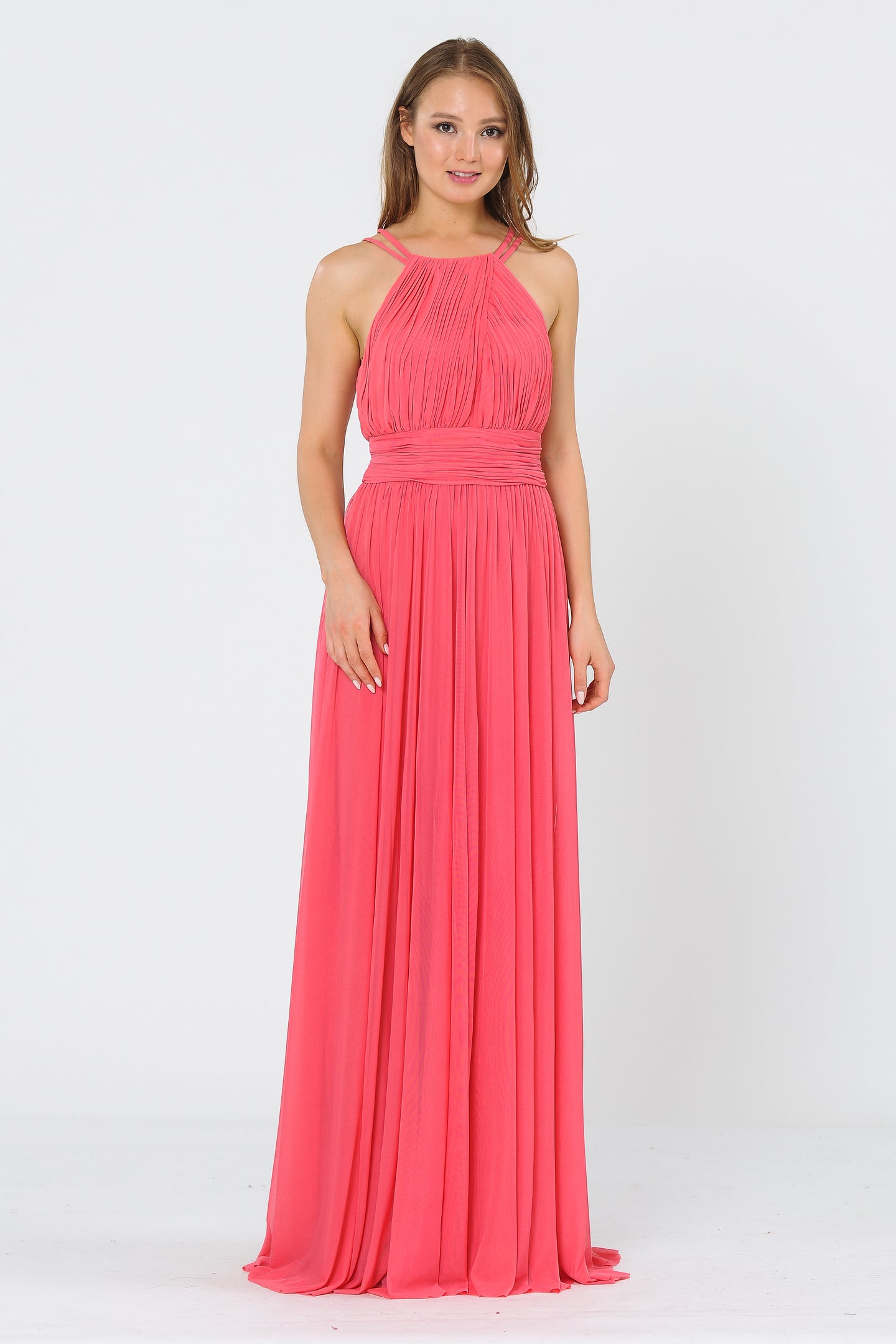 La Merchandise LAY8396 Halter Plus Size Ruched Bridesmaids Long Dress - CORAL - LA Merchandise