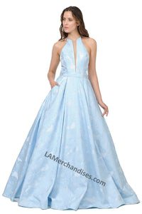 La Merchandise LAY8402 Long Halter Jacquard Ballgown with side pockets - - LA Merchandise