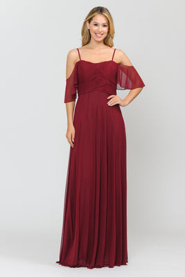 La Merchandise LAY8552 Cold Shoulder Bridesmaids Long Chiffon Dress - BURGUNDY - LA Merchandise