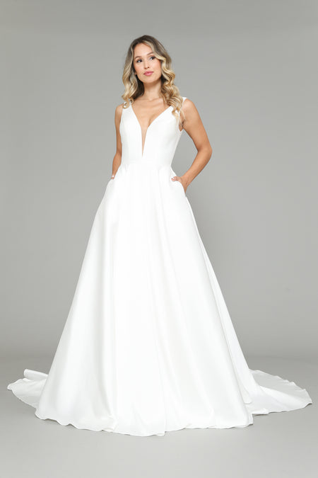 La Merchandise LAY8582B Elegant Simple V-Neck Bridal Gown with train - OFF WHITE IVORY - LA Merchandise