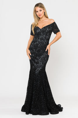 La Merchandise LAY8596 Long Prom Off the Shoulder Mermaid Lace Dress - BLACK - LA Merchandise