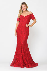 La Merchandise LAY8596 Long Prom Off the Shoulder Mermaid Lace Dress - RED - LA Merchandise