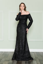 Load image into Gallery viewer, La Merchandise LAY8876 Long Sleeve Sequin Off The Shoulder Formal Gown - BLACK - LA Merchandise