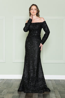 La Merchandise LAY8876 Long Sleeve Sequin Off The Shoulder Formal Gown - BLACK - LA Merchandise