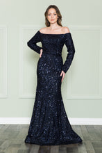 Load image into Gallery viewer, La Merchandise LAY8876 Long Sleeve Sequin Off The Shoulder Formal Gown - NAVY - LA Merchandise