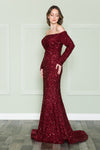 Load image into Gallery viewer, La Merchandise LAY8876 Long Sleeve Sequin Off The Shoulder Formal Gown - WINE - LA Merchandise