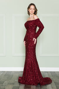 La Merchandise LAY8876 Long Sleeve Sequin Off The Shoulder Formal Gown - WINE - LA Merchandise
