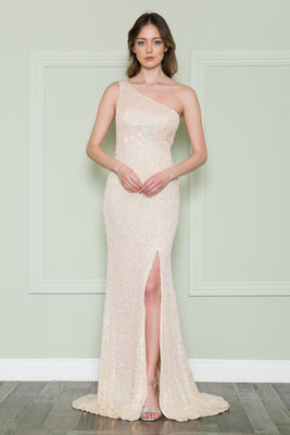 La Merchandise LAY8898 Champagne Sequined One Shoulder Prom Dresses - CHAMPAGNE - LA Merchandise