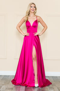 La Merchandise LAY8908 Simple Satin Formal Evening A-Line Prom Gown - FUCHSIA - LA Merchandise