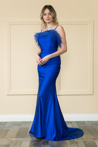 La Merchandise LAY9070 Open Back Prom Mermaid Gown Removable feathers - ROYAL BLUE - LA Merchandise