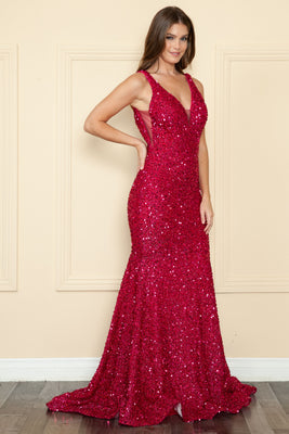 La Merchandise LAY9108 Full Sequined V-Neck Red Carpet Formal Dress - BERRY RED - LA Merchandise