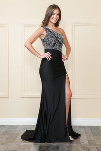 La Merchandise LAY9116 One Shoulder Stretchy Prom Evening Gown w/ Slit - BLACK - LA Merchandise