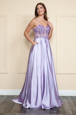 La Merchandise LAY9126 Satin A-line Formal Prom Gown w/ Pockets - LAVENDER - LA Merchandise