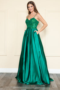 La Merchandise LAY9126 Satin A-line Formal Prom Gown w/ Pockets - LIGHT EMERALD - LA Merchandise