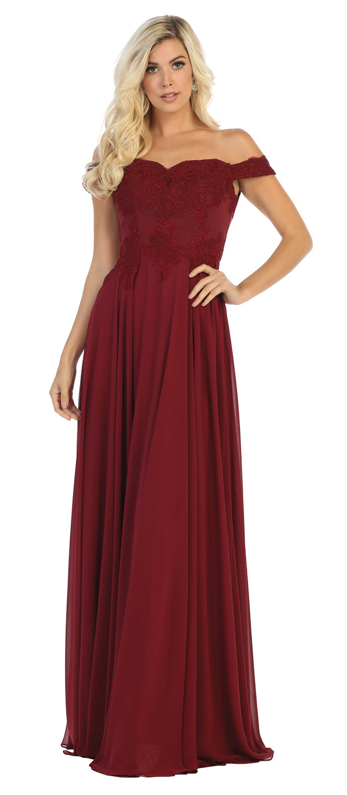 Off shoulder long pleated chiffon dress - LA1644 - Burgundy - LA Merchandise