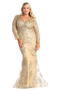 La Merchandise LA1850 Long Sleeve Special Occasion Mermaid Dress - CHAMPAGNE GOLD - LA Merchandise