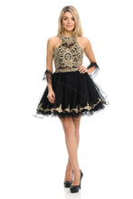 Load image into Gallery viewer, Metallic lace applique &amp; rhinestones short mesh dress- LN8015 - Black - LA Merchandise