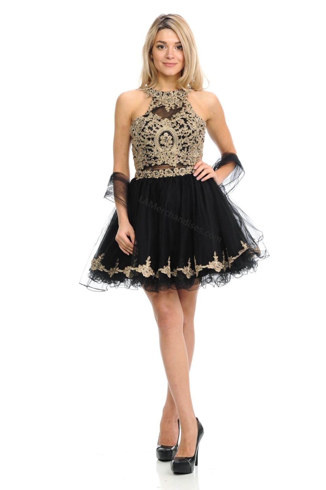 Metallic lace applique & rhinestones short mesh dress- LN8015 - Black - LA Merchandise