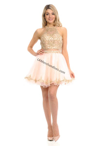 Metallic lace applique & rhinestones short mesh dress- LN8015 - Blush - LA Merchandise