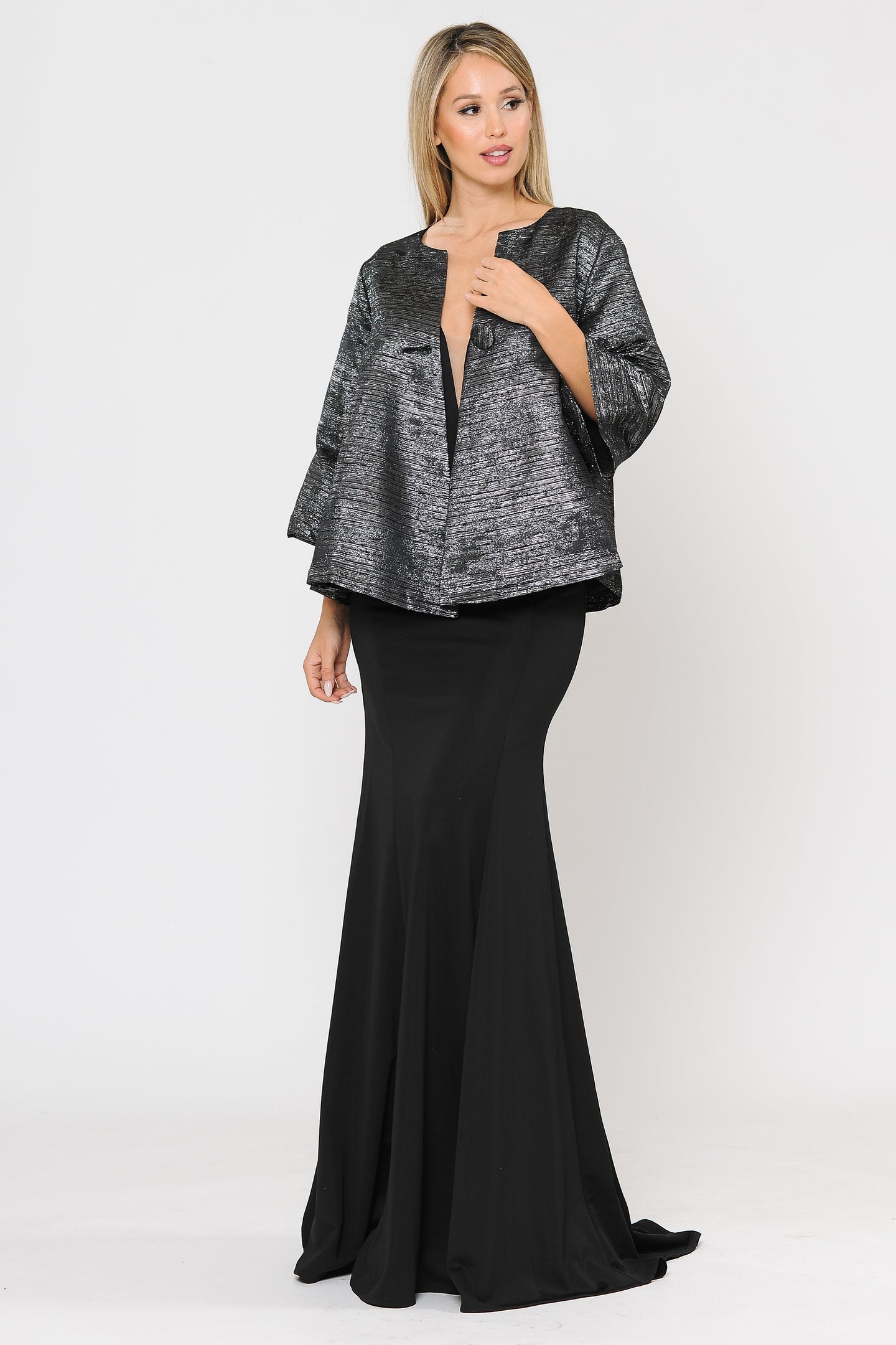 Night Out Open Front Bell Sleeve Jacket - LAYJK1922 - Black Silver - Women's Jacket LA Merchandise