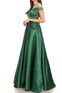 Off Shoulder Long Satin Dress With Side Pockets- SF3089 - - LA Merchandise