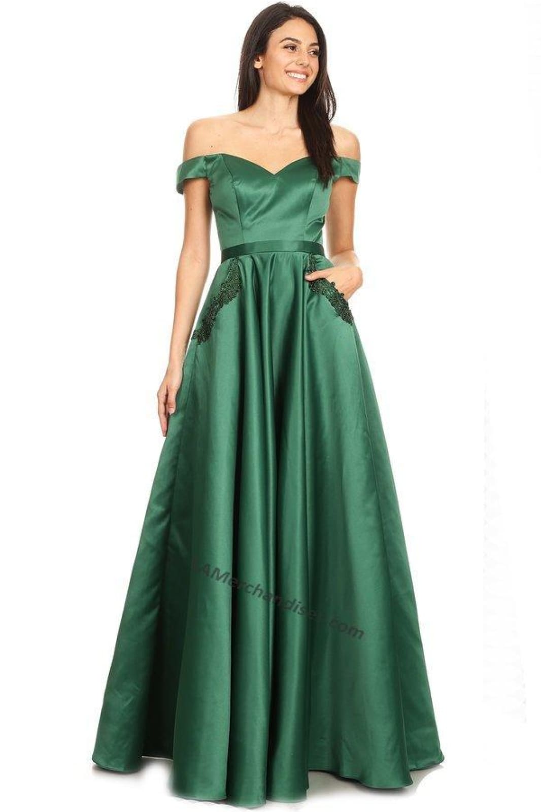 Off Shoulder Long Satin Dress With Side Pockets- SF3089 - HUNTER GREEN - LA Merchandise